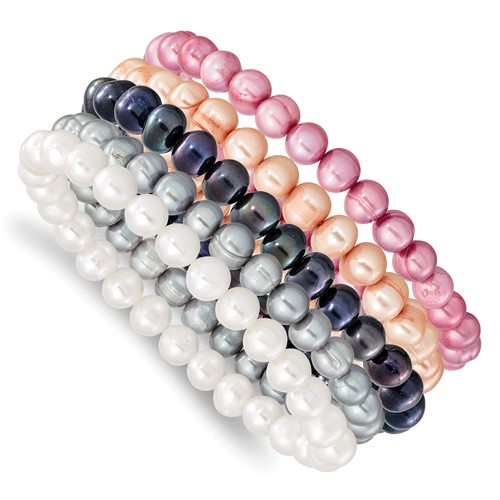 6-7mm White Grey Black Pink Purple Semi-Round Freshwater Cultured Pearl 5-piece Stretch Bracelet Set