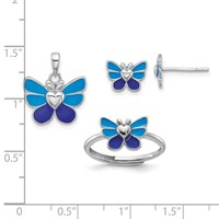 Sterling Silver Rhodium-plated Polished & Enameled ButterflyYouth Pendant, Earring and Adjustable Ring Set view 5