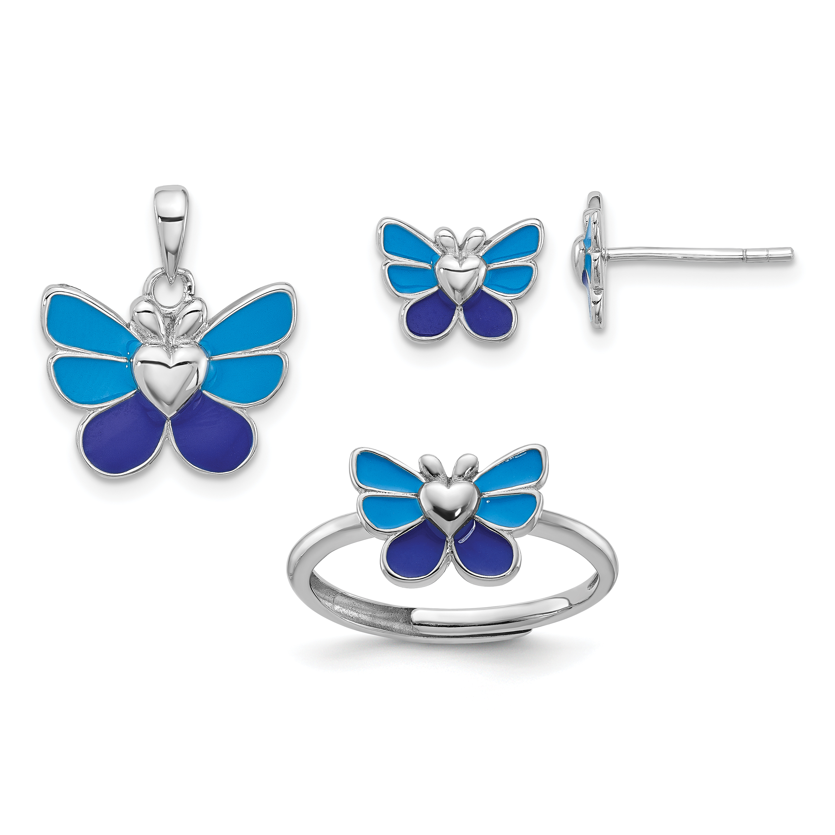Sterling Silver Rhodium-plated Polished & Enameled Butterfly Children's Earring Ring & Pendant Set (QH5201SET)