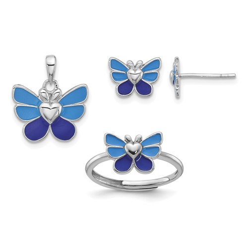 Sterling Silver Rhodium-plated Polished & Enameled ButterflyYouth Pendant, Earring and Adjustable Ring Set