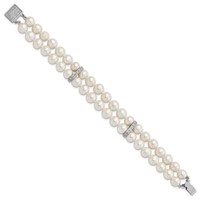 Sterling Silver Rhodium-plated 7-8mm White Near-round Freshwater Cultured Pearl and CZ 2-Strand Bracelet, 7" view 2