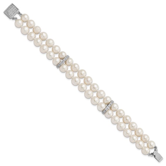 Sterling Silver Rhodium-plated 7-8mm White Near-round Freshwater Cultured Pearl and CZ 2-Strand 7 inch Bracelet