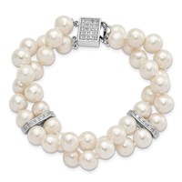 Sterling Silver Rhodium-plated 7-8mm White Near-round Freshwater Cultured Pearl and CZ 2-Strand Bracelet, 7" view 4