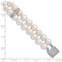 Sterling Silver Rhodium-plated 7-8mm White Near-round Freshwater Cultured Pearl and CZ 2-Strand Bracelet, 7" view 3