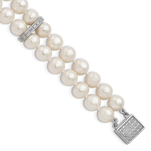 Sterling Silver Rhodium-plated 7-8mm White Near-round Freshwater Cultured Pearl and CZ 2-Strand Bracelet, 7"