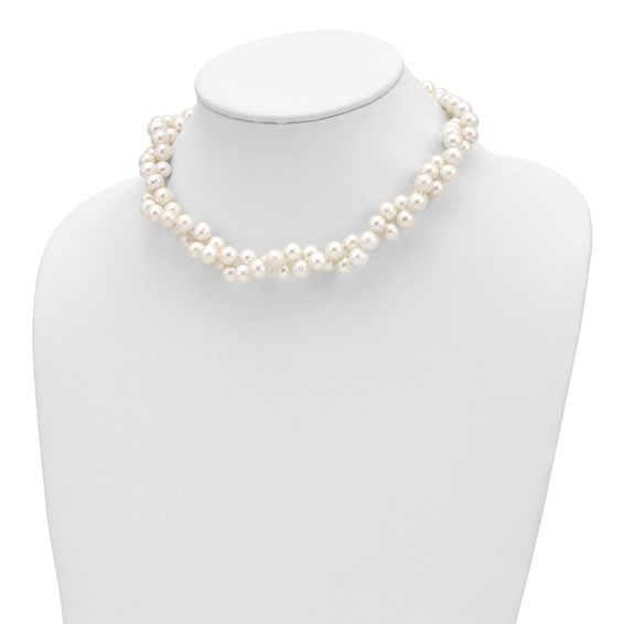 Sterling Silver Rhodium-plated 7.5-8.5mm White Semi-Round Freshwater Cultured Pearl 2-Strand 17 inch Necklace