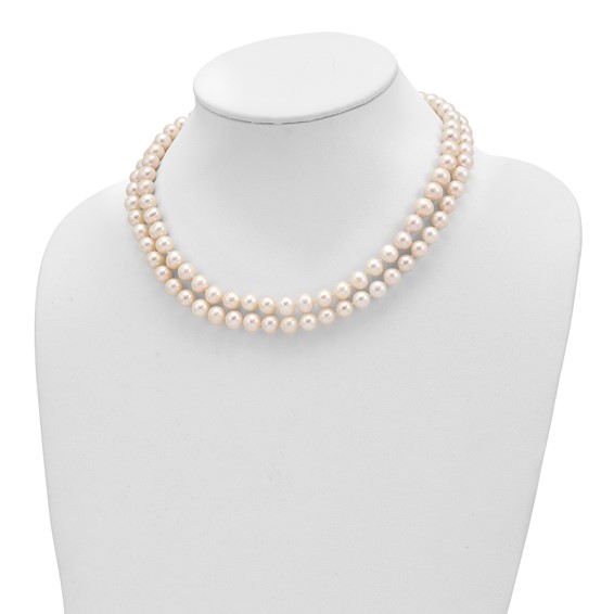 Sterling Silver Rhodium-plated 7.5-8.5mm White Semi-Round Freshwater Cultured Pearl 2-Strand 17 inch Necklace