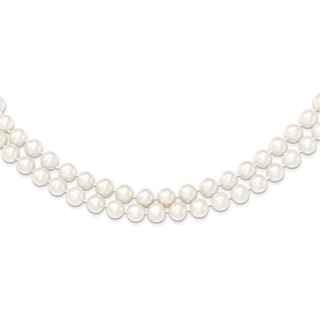 Sterling Silver Rhodium-plated 7.5-8.5mm White Semi-Round Freshwater Cultured Pearl 2-Strand 17 inch Necklace