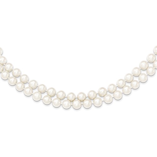 Sterling Silver Rhodium-plated 7.5-8.5mm White Semi-Round Freshwater Cultured Pearl 2-Strand Necklace, 17"