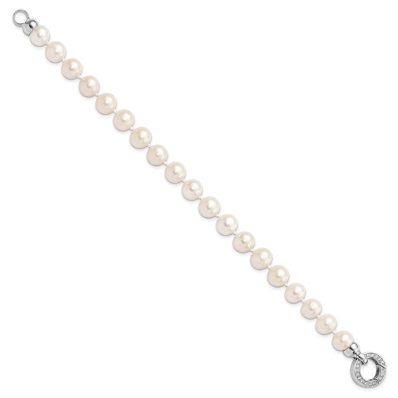 Sterling Silver Rhodium-plated 9-10mm White Near-Round Freshwater Cultured Pearl and CZ Fancy 7.5 inch Bracelet