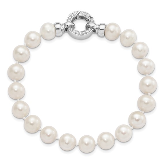 Sterling Silver Rhodium-plated 9-10mm White Near-Round Freshwater Cultured Pearl and CZ Fancy 7.5 inch Bracelet