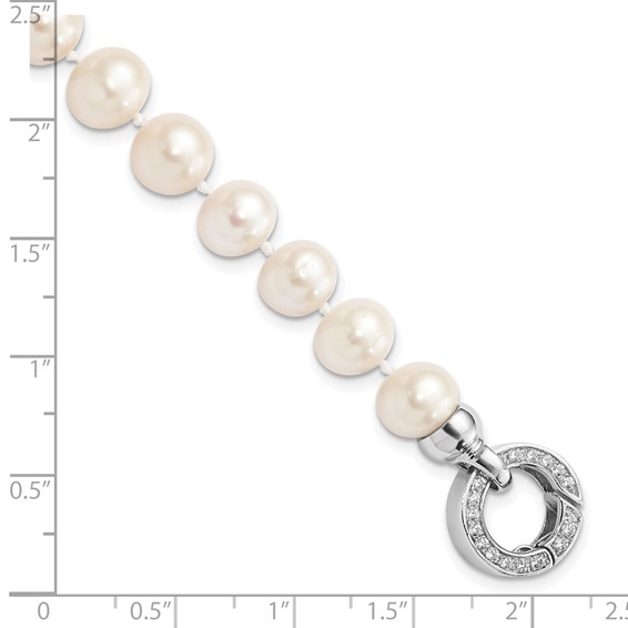 Sterling Silver Rhodium-plated 9-10mm White Near-Round Freshwater Cultured Pearl and CZ Fancy 7.5 inch Bracelet