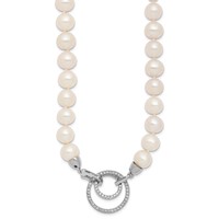 Sterling Silver Rhodium-plated 10-11mm White Near-Round Freshwater Cultured Pearl and CZ Clasp Adjustable Necklace, 19.5" view 2