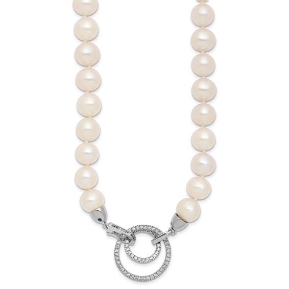 Sterling Silver Rhodium-plated 10-11mm White Near-Round Freshwater Cultured Pearl and CZ Clasp Adjustable 19.5 inch Necklace