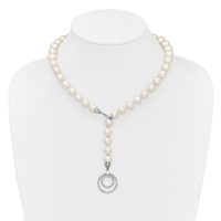 Sterling Silver Rhodium-plated 10-11mm White Near-Round Freshwater Cultured Pearl and CZ Clasp Adjustable Necklace, 19.5" view 4