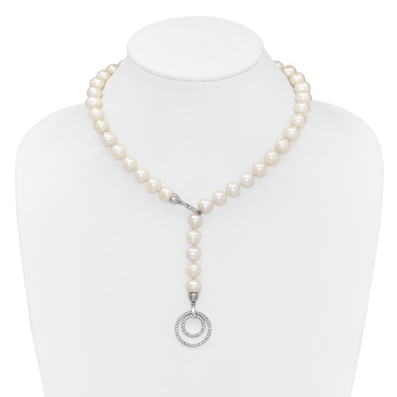 Sterling Silver Rhodium-plated 10-11mm White Near-Round Freshwater Cultured Pearl and CZ Clasp Adjustable 19.5 inch Necklace