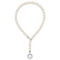 Sterling Silver Rhodium-plated 10-11mm White Near-Round Freshwater Cultured Pearl and CZ Clasp Adjustable Necklace, 19.5" view 5