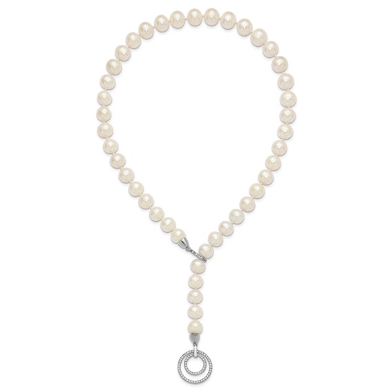 Sterling Silver Rhodium-plated 10-11mm White Near-Round Freshwater Cultured Pearl and CZ Clasp Adjustable 19.5 inch Necklace