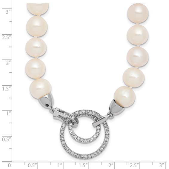 Sterling Silver Rhodium-plated 10-11mm White Near-Round Freshwater Cultured Pearl and CZ Clasp Adjustable 19.5 inch Necklace