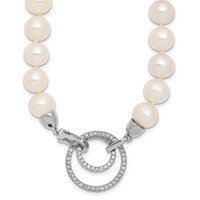 Sterling Silver Rhodium-plated 10-11mm White Near-Round Freshwater Cultured Pearl and CZ Clasp Adjustable Necklace, 19.5" view 1