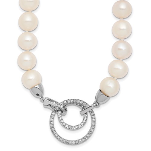 Sterling Silver Rhodium-plated 10-11mm White Near-Round Freshwater Cultured Pearl and CZ Clasp Adjustable Necklace, 19.5"