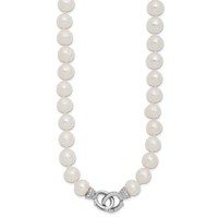 Sterling Silver Rhodium-plated 9-10mm White Near-Round Freshwater Cultured Pearl and CZ Clasp Adjustable Necklace, 18" view 2