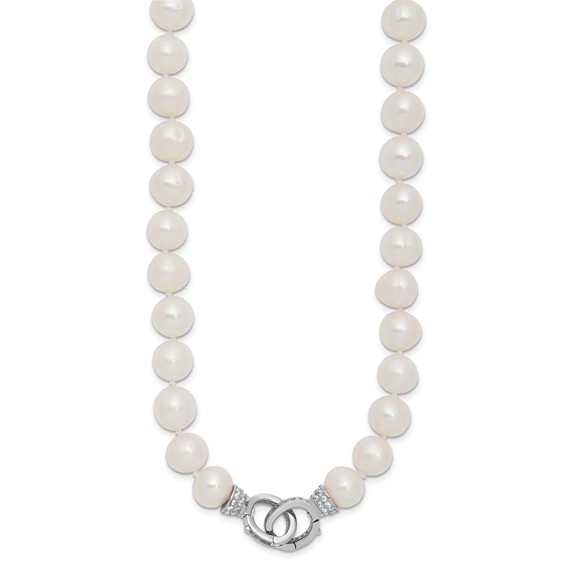 Sterling Silver Rhodium-plated 9-10mm White Near-Round Freshwater Cultured Pearl and CZ Clasp Adjustable 18 inch Necklace