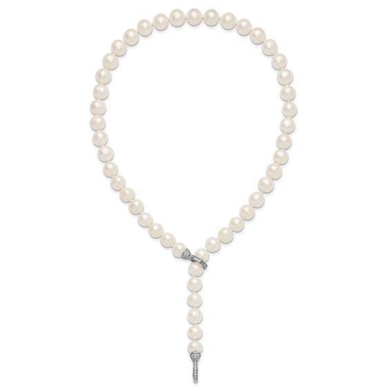 Sterling Silver Rhodium-plated 9-10mm White Near-Round Freshwater Cultured Pearl and CZ Clasp Adjustable 18 inch Necklace