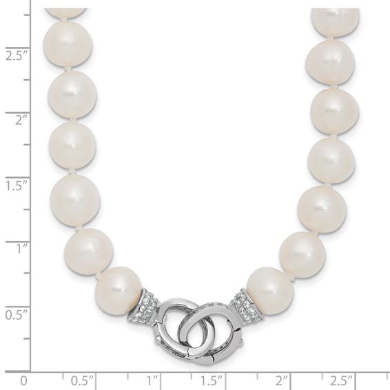 Sterling Silver Rhodium-plated 9-10mm White Near-Round Freshwater Cultured Pearl and CZ Clasp Adjustable 18 inch Necklace