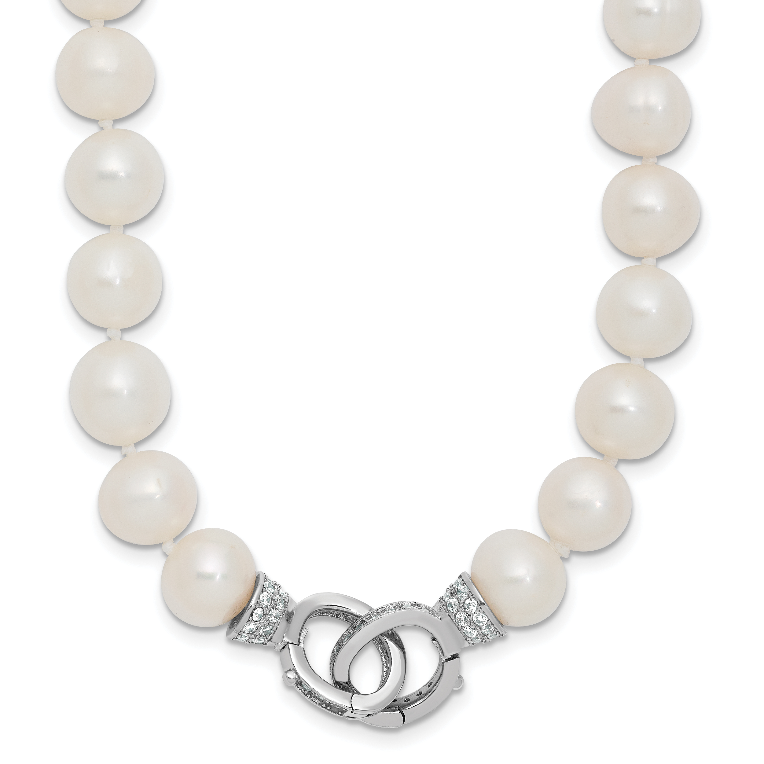 Sterling Silver Rhodium-plated 9-10mm White Near-Round Freshwater Cultured Pearl and CZ Clasp Adjustable 18 inch Necklace (QH5216-18)