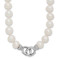 Sterling Silver Rhodium-plated 9-10mm White Near-Round Freshwater Cultured Pearl and CZ Clasp Adjustable Necklace, 18" view 1
