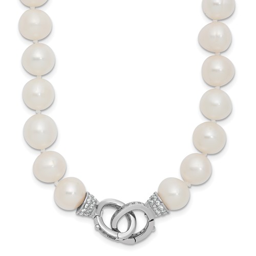Sterling Silver Rhodium-plated 9-10mm White Near-Round Freshwater Cultured Pearl and CZ Clasp Adjustable Necklace, 18"
