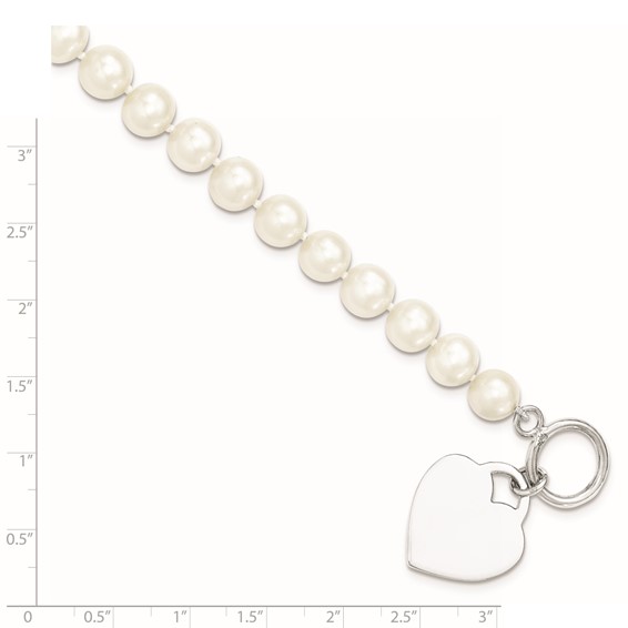 Sterling Silver Rhodium-plated 8-9mm White Near-Round Freshwater Cultured Pearl Heart Toggle 7.5 inch Bracelet