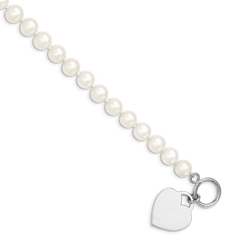 Sterling Silver Rhodium-plated 8-9mm White Near-Round Freshwater Cultured Pearl Heart Toggle Bracelet, 7.5"