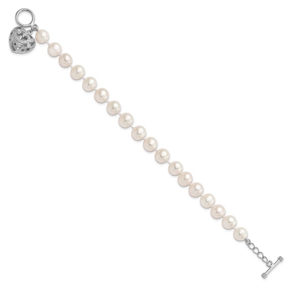 Sterling Silver Rhodium-plated 8-9mm White Near-Round Freshwater Cultured Pearl Heart Toggle 7.5 inch Bracelet