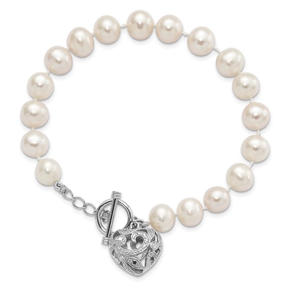 Sterling Silver Rhodium-plated 8-9mm White Near-Round Freshwater Cultured Pearl Heart Toggle 7.5 inch Bracelet