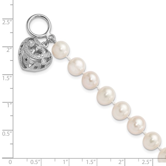 Sterling Silver Rhodium-plated 8-9mm White Near-Round Freshwater Cultured Pearl Heart Toggle 7.5 inch Bracelet