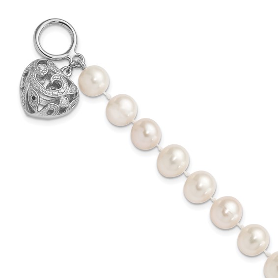 Sterling Silver Rhodium-plated 8-9mm White Near-Round Freshwater Cultured Pearl Heart Toggle 7.5 inch Bracelet