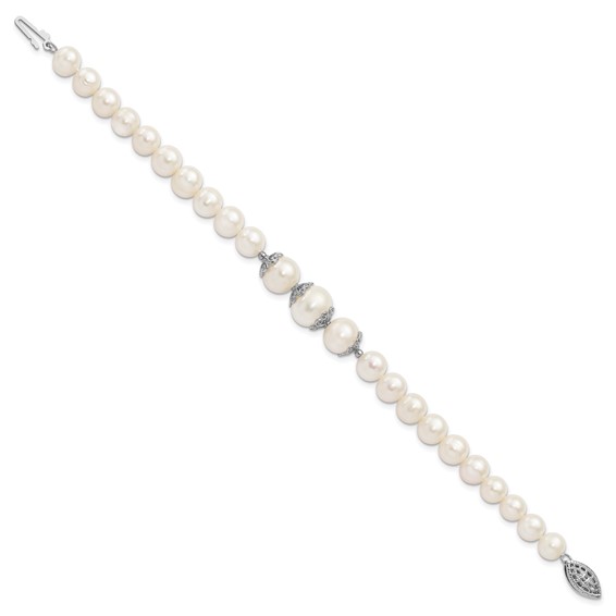 Sterling Silver Rhodium-plated 7-10mm White Near-Round Freshwater Cultured Pearl Fancy 7 inch Bracelet