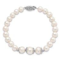 Sterling Silver Rhodium-plated 7-10mm White Near-Round Freshwater Cultured Pearl Fancy Bracelet, 7" view 4