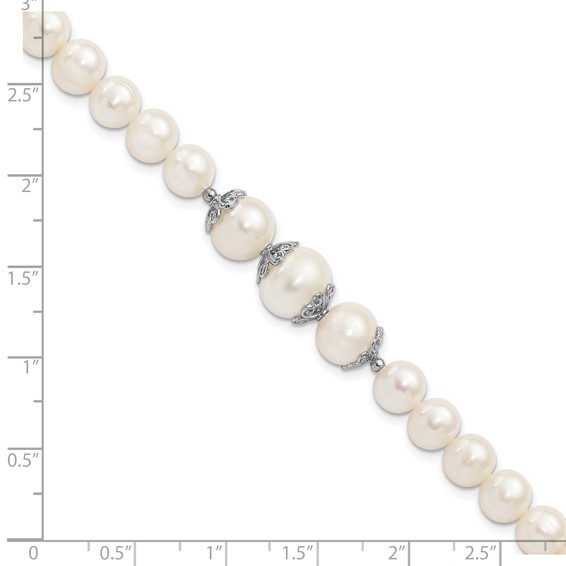Sterling Silver Rhodium-plated 7-10mm White Near-Round Freshwater Cultured Pearl Fancy 7 inch Bracelet