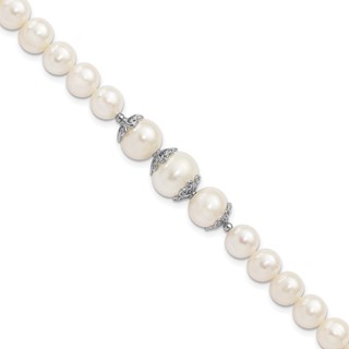 Sterling Silver Rhodium-plated 7-10mm White Near-Round Freshwater Cultured Pearl Fancy 7 inch Bracelet