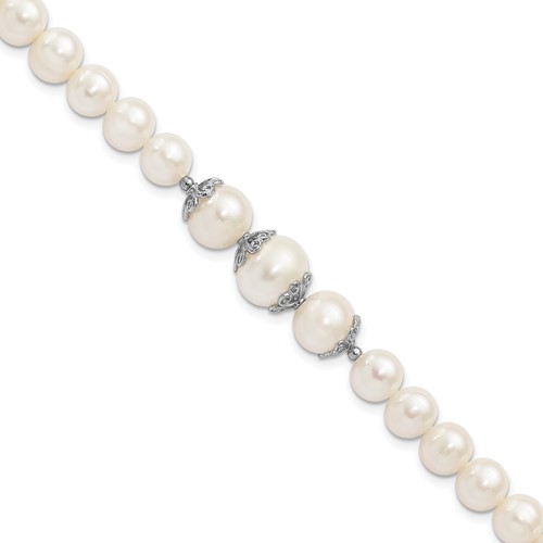 Sterling Silver Rhodium-plated 7-10mm White Near-Round Freshwater Cultured Pearl Fancy Bracelet, 7"