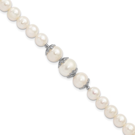Sterling Silver Rhodium-plated 7-10mm White Near-Round Freshwater Cultured Pearl Fancy 7 inch Bracelet