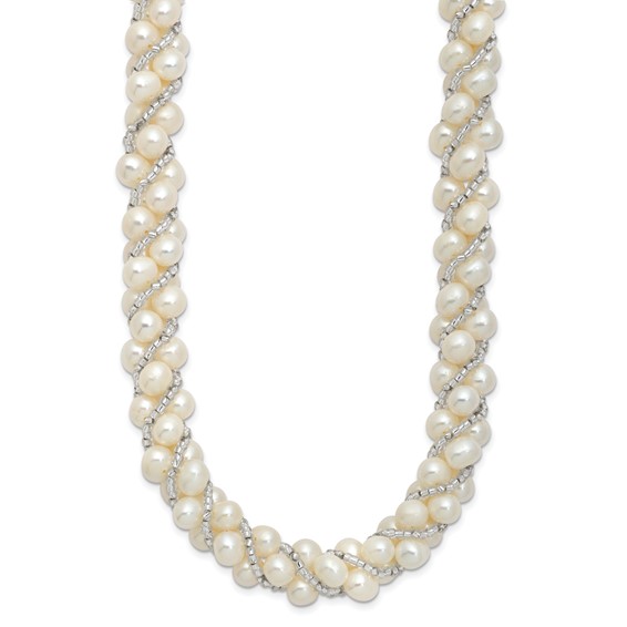 Sterling Silver Rhodium-plated 6-7mm White Near-Round Pearl and Glass Beaded Twisted 18 inch Necklace