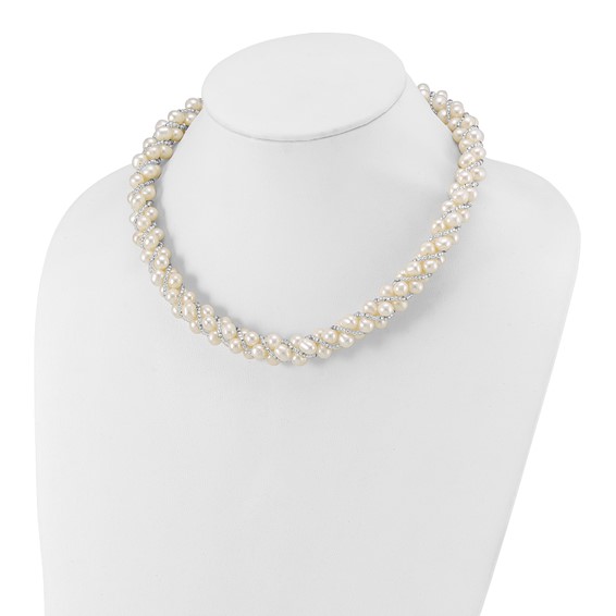 Sterling Silver Rhodium-plated 6-7mm White Near-Round Pearl and Glass Beaded Twisted 18 inch Necklace