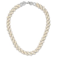 Sterling Silver Rhodium-plated 6-7mm White Near-Round Freshwater Cultured Pearl and Glass Bead Twisted Necklace, 18" view 5
