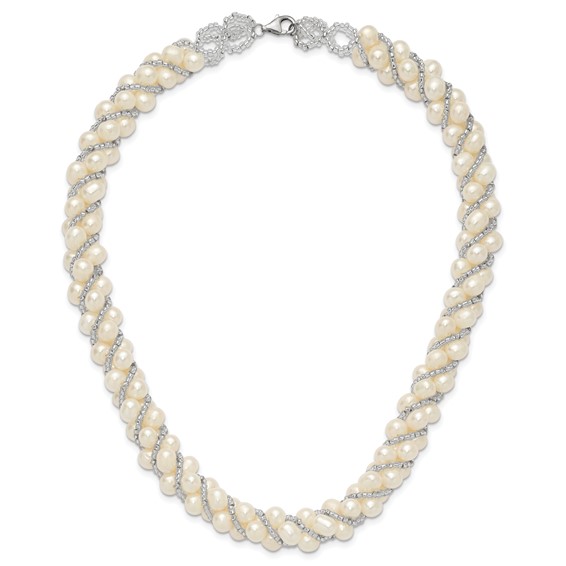 Sterling Silver Rhodium-plated 6-7mm White Near-Round Pearl and Glass Beaded Twisted 18 inch Necklace