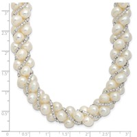 Sterling Silver Rhodium-plated 6-7mm White Near-Round Freshwater Cultured Pearl and Glass Bead Twisted Necklace, 18" view 3