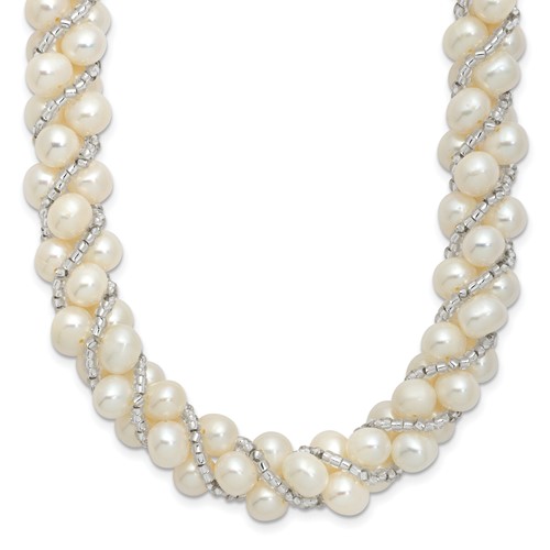 Sterling Silver Rhodium-plated 6-7mm White Near-Round Freshwater Cultured Pearl and Glass Bead Twisted Necklace, 18"